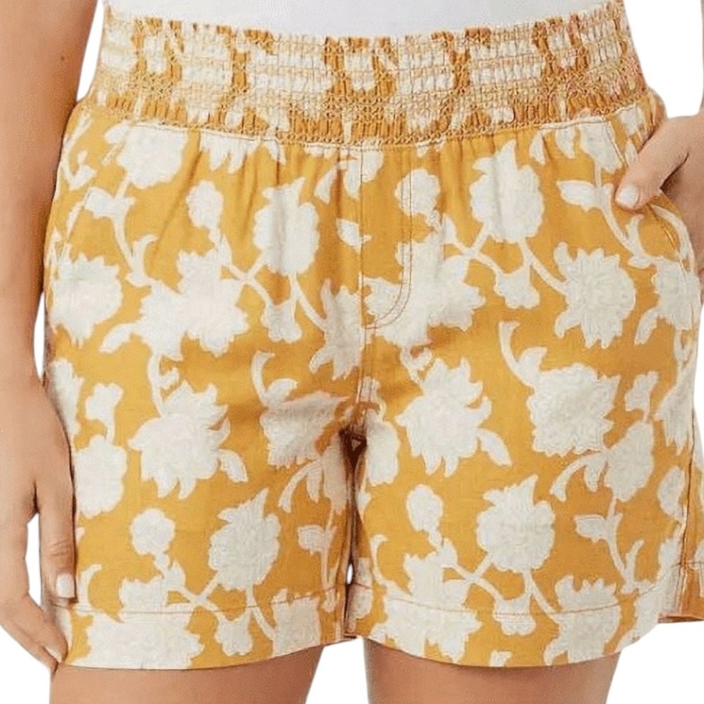 Briggs Linen Blend Coastal Boho Yellow Floral Smocked Waist Shorts Women Size XL